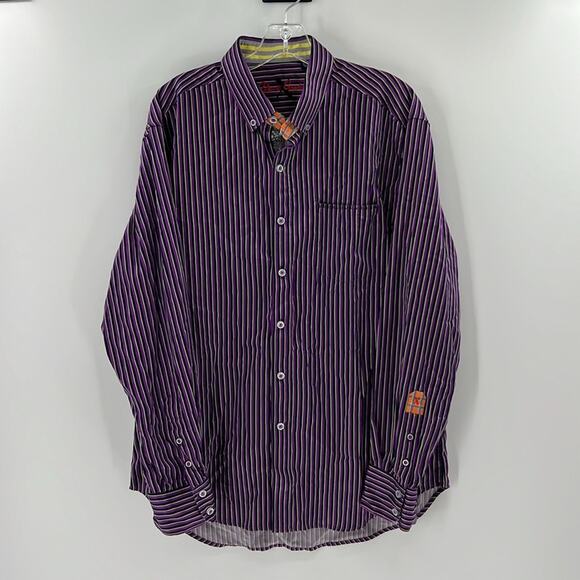 Robert Graham X Men's LS Stripe Button Front Shirt - Purple/Black/Lime - XL - Picture 2 of 7
